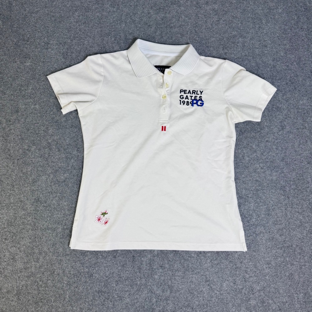Pearly Gates Womens White Polo Shirt Embroidered Floral Size 0 Japan